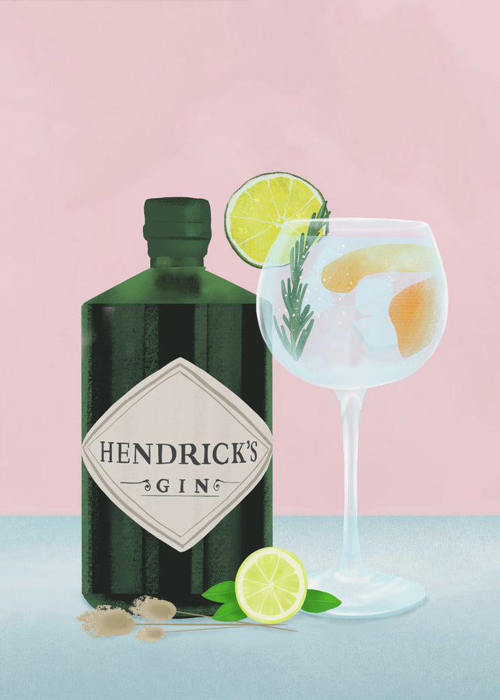 A stylized illustration of a bottle of Hendrick's Gin next to a gin and tonic in a balloon glass. The scene is set against a pink background, with the drink garnished with lime and rosemary, and a lime half resting on the light blue table. Decor