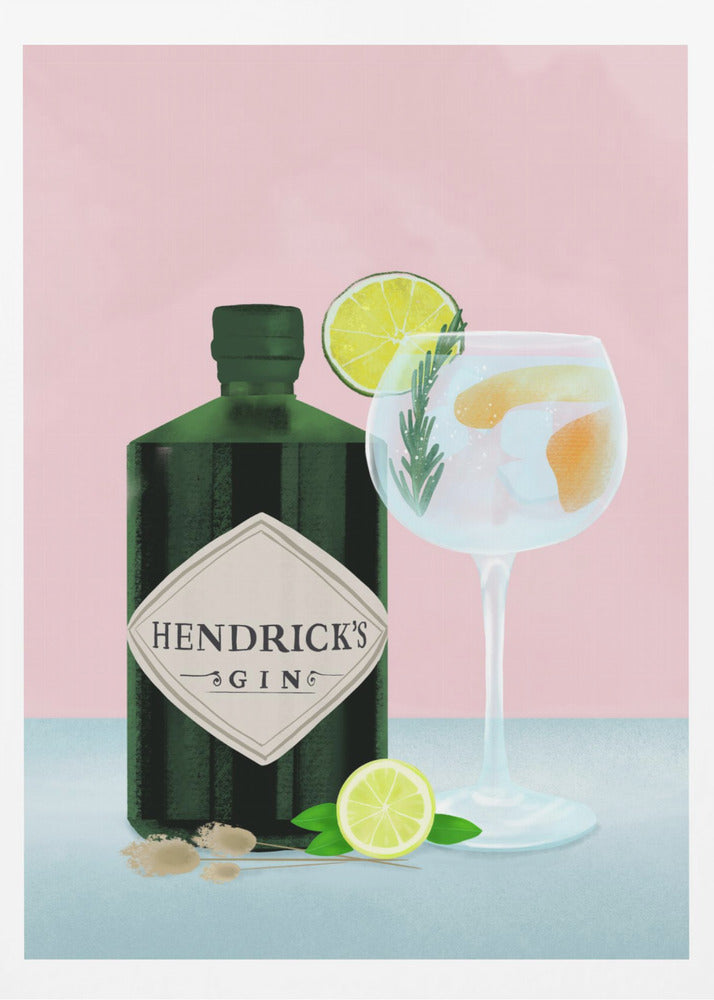 A stylized illustration of a bottle of Hendrick's Gin next to a gin and tonic in a balloon glass. The scene is set against a pink background, with the drink garnished with lime and rosemary, and a lime half resting on the light blue table. Decor