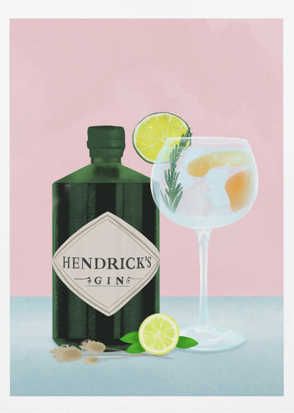 A stylized illustration of a bottle of Hendrick's Gin next to a gin and tonic in a balloon glass. The scene is set against a pink background, with the drink garnished with lime and rosemary, and a lime half resting on the light blue table. Decor