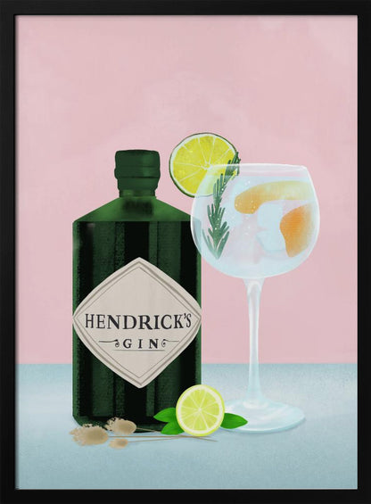 A stylized illustration of a bottle of Hendrick's Gin next to a gin and tonic in a balloon glass. The scene is set against a pink background, with the drink garnished with lime and rosemary, and a lime half resting on the light blue table. Decor