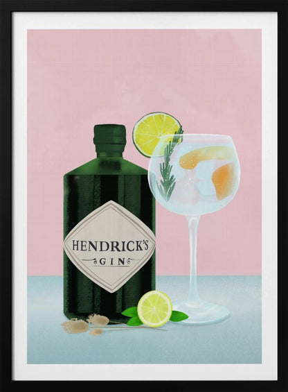 A stylized illustration of a bottle of Hendrick's Gin next to a gin and tonic in a balloon glass. The scene is set against a pink background, with the drink garnished with lime and rosemary, and a lime half resting on the light blue table. Decor