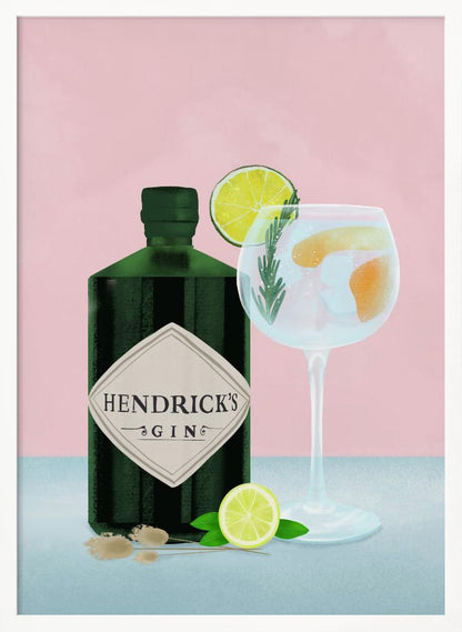 A stylized illustration of a bottle of Hendrick's Gin next to a gin and tonic in a balloon glass. The scene is set against a pink background, with the drink garnished with lime and rosemary, and a lime half resting on the light blue table. Decor