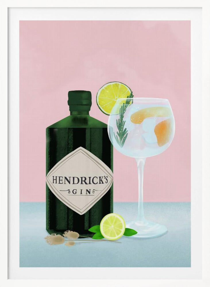 A stylized illustration of a bottle of Hendrick's Gin next to a gin and tonic in a balloon glass. The scene is set against a pink background, with the drink garnished with lime and rosemary, and a lime half resting on the light blue table. Decor
