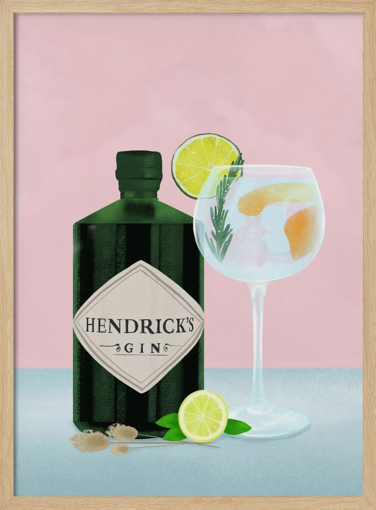 A stylized illustration of a bottle of Hendrick's Gin next to a gin and tonic in a balloon glass. The scene is set against a pink background, with the drink garnished with lime and rosemary, and a lime half resting on the light blue table. Decor