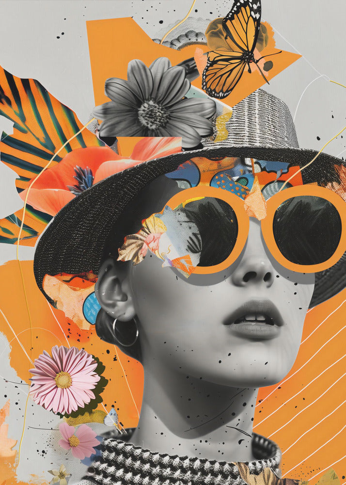 A modern collage featuring a black and white portrait of a woman wearing a black hat and oversized orange sunglasses. The image is layered with cutouts of flowers, a monarch butterfly, and abstract orange shapes against a light gray background with black paint splatters. Decor