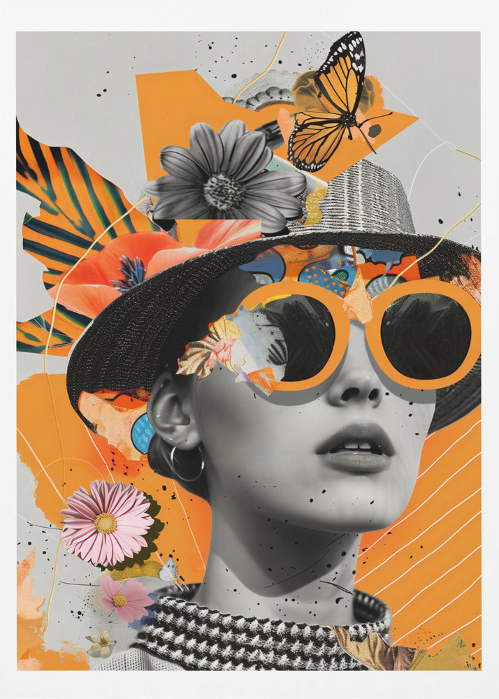 A modern collage featuring a black and white portrait of a woman wearing a black hat and oversized orange sunglasses. The image is layered with cutouts of flowers, a monarch butterfly, and abstract orange shapes against a light gray background with black paint splatters. Decor