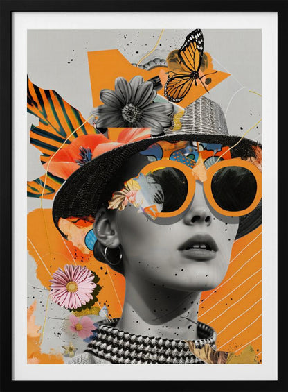 A modern collage featuring a black and white portrait of a woman wearing a black hat and oversized orange sunglasses. The image is layered with cutouts of flowers, a monarch butterfly, and abstract orange shapes against a light gray background with black paint splatters. Decor