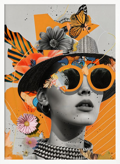 A modern collage featuring a black and white portrait of a woman wearing a black hat and oversized orange sunglasses. The image is layered with cutouts of flowers, a monarch butterfly, and abstract orange shapes against a light gray background with black paint splatters. Decor