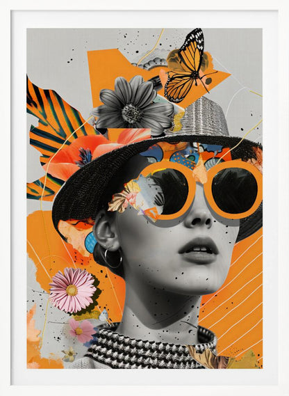A modern collage featuring a black and white portrait of a woman wearing a black hat and oversized orange sunglasses. The image is layered with cutouts of flowers, a monarch butterfly, and abstract orange shapes against a light gray background with black paint splatters. Decor