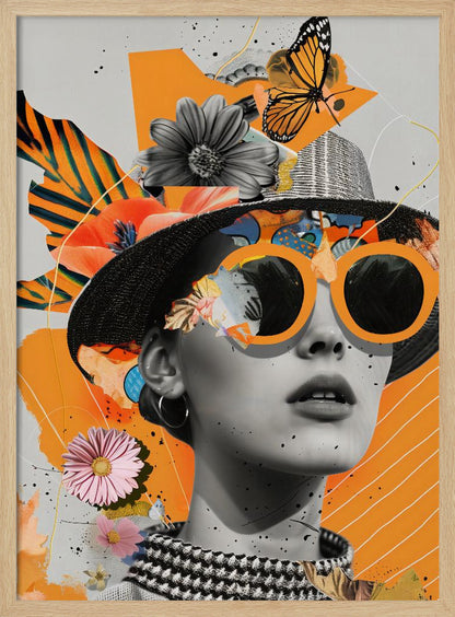 A modern collage featuring a black and white portrait of a woman wearing a black hat and oversized orange sunglasses. The image is layered with cutouts of flowers, a monarch butterfly, and abstract orange shapes against a light gray background with black paint splatters. Decor