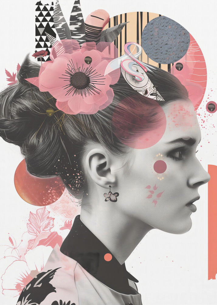 A modern collage artwork featuring a black and white profile portrait of a woman with an elegant updo. Her face and hair are adorned with colorful abstract shapes, including pink and orange circles, geometric patterns, and a large, semi-transparent pink flower. Artwork