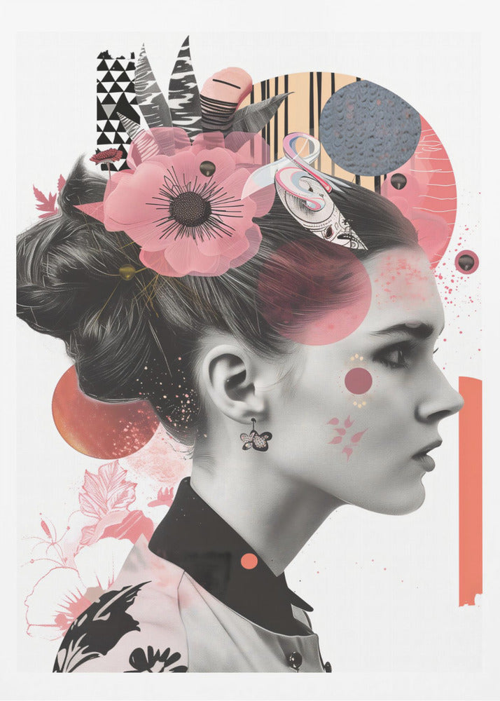 A modern collage artwork featuring a black and white profile portrait of a woman with an elegant updo. Her face and hair are adorned with colorful abstract shapes, including pink and orange circles, geometric patterns, and a large, semi-transparent pink flower. Artwork
