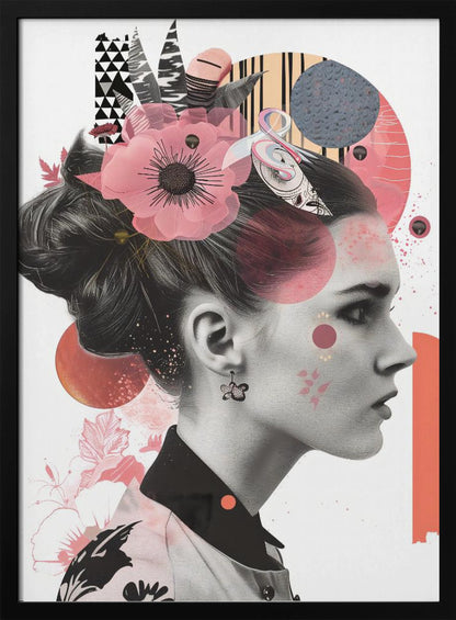A modern collage artwork featuring a black and white profile portrait of a woman with an elegant updo. Her face and hair are adorned with colorful abstract shapes, including pink and orange circles, geometric patterns, and a large, semi-transparent pink flower. Artwork