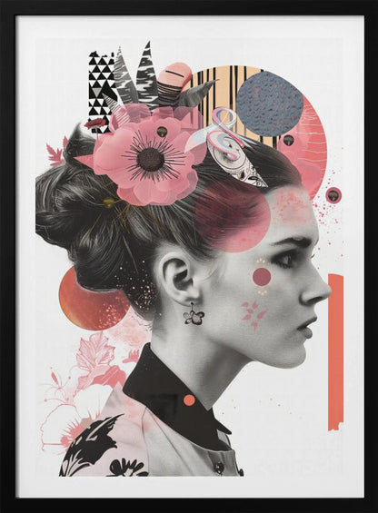 A modern collage artwork featuring a black and white profile portrait of a woman with an elegant updo. Her face and hair are adorned with colorful abstract shapes, including pink and orange circles, geometric patterns, and a large, semi-transparent pink flower. Artwork