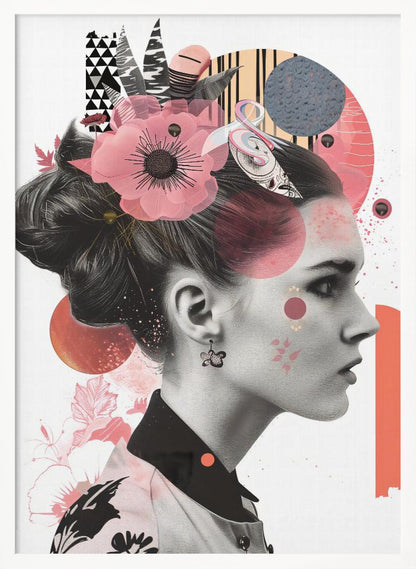 A modern collage artwork featuring a black and white profile portrait of a woman with an elegant updo. Her face and hair are adorned with colorful abstract shapes, including pink and orange circles, geometric patterns, and a large, semi-transparent pink flower. Artwork