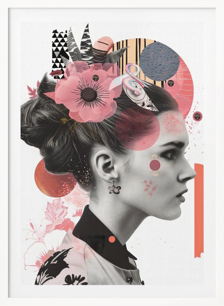 A modern collage artwork featuring a black and white profile portrait of a woman with an elegant updo. Her face and hair are adorned with colorful abstract shapes, including pink and orange circles, geometric patterns, and a large, semi-transparent pink flower. Artwork