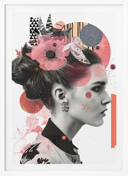 A modern collage artwork featuring a black and white profile portrait of a woman with an elegant updo. Her face and hair are adorned with colorful abstract shapes, including pink and orange circles, geometric patterns, and a large, semi-transparent pink flower. Artwork