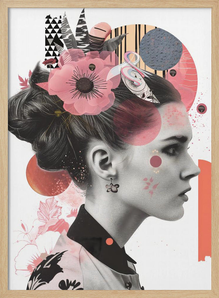 A modern collage artwork featuring a black and white profile portrait of a woman with an elegant updo. Her face and hair are adorned with colorful abstract shapes, including pink and orange circles, geometric patterns, and a large, semi-transparent pink flower. Artwork
