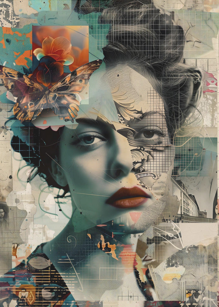 A framed abstract collage featuring the fragmented portrait of a woman. Her face is overlaid with grid patterns, torn paper textures, and illustrations. A large, detailed butterfly and a vibrant orange flower are placed near her left temple. The overall composition is a complex layering of architectural sketches, abstract shapes, and muted tones of teal, beige, and black, with a pop of red on the woman's lips. Artwork