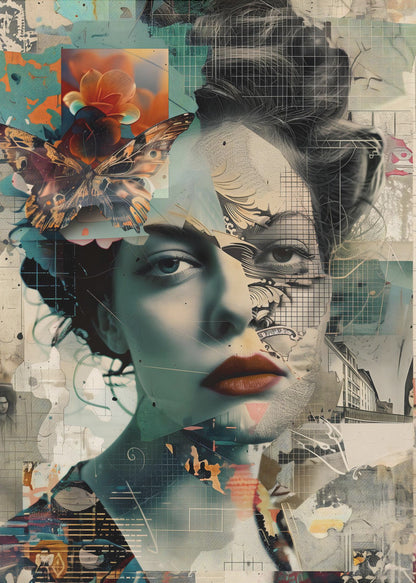 A framed abstract collage featuring the fragmented portrait of a woman. Her face is overlaid with grid patterns, torn paper textures, and illustrations. A large, detailed butterfly and a vibrant orange flower are placed near her left temple. The overall composition is a complex layering of architectural sketches, abstract shapes, and muted tones of teal, beige, and black, with a pop of red on the woman's lips. Artwork