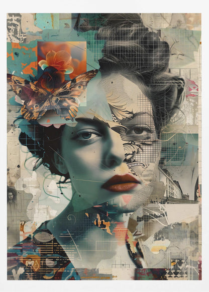 A framed abstract collage featuring the fragmented portrait of a woman. Her face is overlaid with grid patterns, torn paper textures, and illustrations. A large, detailed butterfly and a vibrant orange flower are placed near her left temple. The overall composition is a complex layering of architectural sketches, abstract shapes, and muted tones of teal, beige, and black, with a pop of red on the woman's lips. Artwork