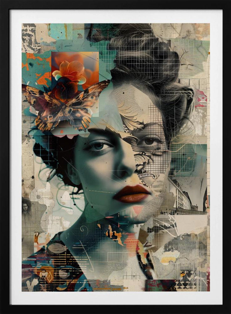 A framed abstract collage featuring the fragmented portrait of a woman. Her face is overlaid with grid patterns, torn paper textures, and illustrations. A large, detailed butterfly and a vibrant orange flower are placed near her left temple. The overall composition is a complex layering of architectural sketches, abstract shapes, and muted tones of teal, beige, and black, with a pop of red on the woman's lips. Artwork