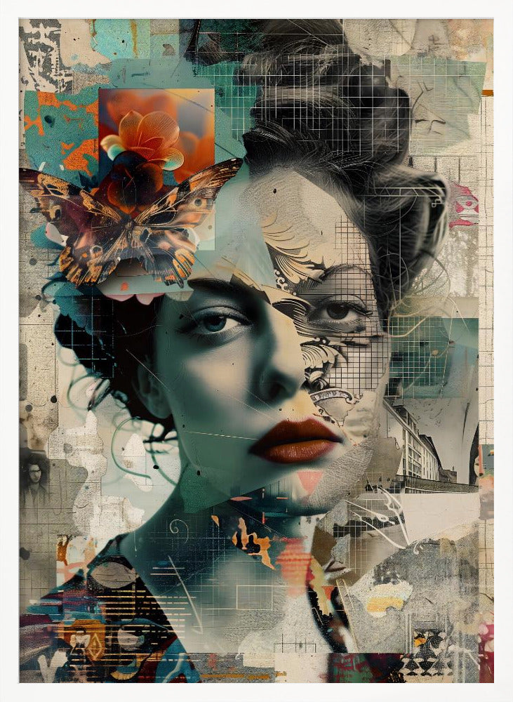 A framed abstract collage featuring the fragmented portrait of a woman. Her face is overlaid with grid patterns, torn paper textures, and illustrations. A large, detailed butterfly and a vibrant orange flower are placed near her left temple. The overall composition is a complex layering of architectural sketches, abstract shapes, and muted tones of teal, beige, and black, with a pop of red on the woman's lips. Artwork