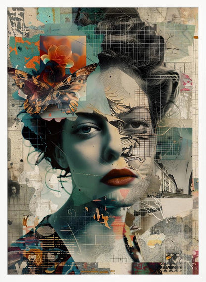 A framed abstract collage featuring the fragmented portrait of a woman. Her face is overlaid with grid patterns, torn paper textures, and illustrations. A large, detailed butterfly and a vibrant orange flower are placed near her left temple. The overall composition is a complex layering of architectural sketches, abstract shapes, and muted tones of teal, beige, and black, with a pop of red on the woman's lips. Artwork