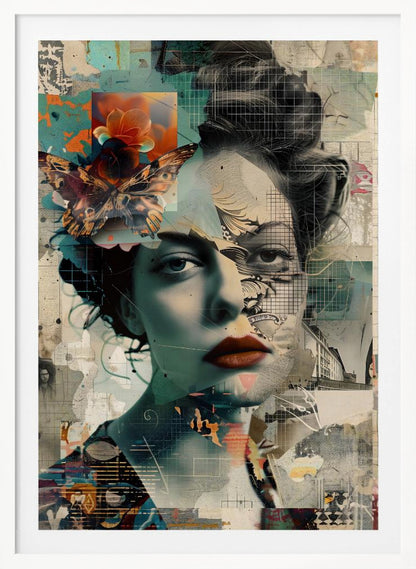 A framed abstract collage featuring the fragmented portrait of a woman. Her face is overlaid with grid patterns, torn paper textures, and illustrations. A large, detailed butterfly and a vibrant orange flower are placed near her left temple. The overall composition is a complex layering of architectural sketches, abstract shapes, and muted tones of teal, beige, and black, with a pop of red on the woman's lips. Artwork