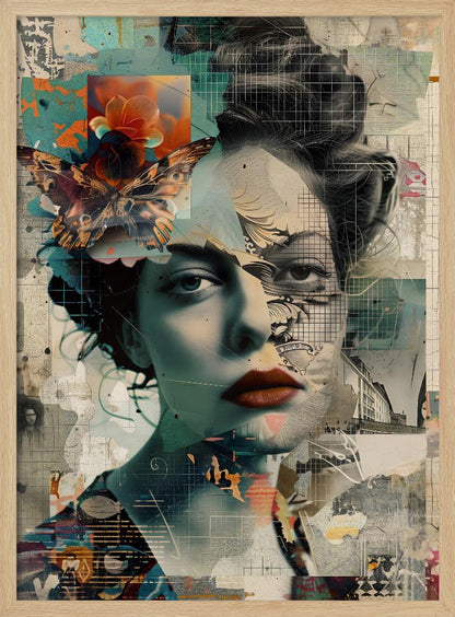 A framed abstract collage featuring the fragmented portrait of a woman. Her face is overlaid with grid patterns, torn paper textures, and illustrations. A large, detailed butterfly and a vibrant orange flower are placed near her left temple. The overall composition is a complex layering of architectural sketches, abstract shapes, and muted tones of teal, beige, and black, with a pop of red on the woman's lips. Artwork