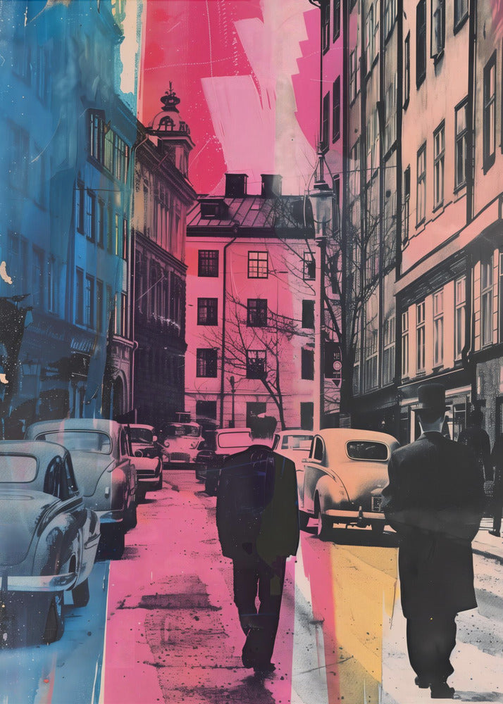 A pop art style image of a vintage city street, featuring two men in dark suits walking away from the camera. The scene is overlaid with bold vertical stripes of vibrant pink and blue, contrasting with the retro cars and architecture. Decor
