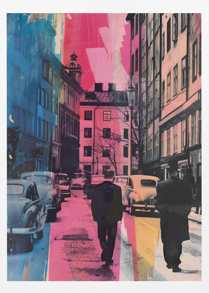 A pop art style image of a vintage city street, featuring two men in dark suits walking away from the camera. The scene is overlaid with bold vertical stripes of vibrant pink and blue, contrasting with the retro cars and architecture. Decor