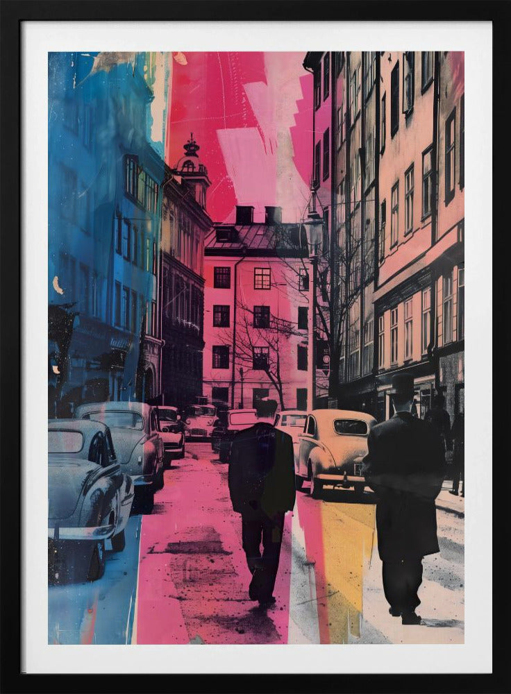 A pop art style image of a vintage city street, featuring two men in dark suits walking away from the camera. The scene is overlaid with bold vertical stripes of vibrant pink and blue, contrasting with the retro cars and architecture. Decor