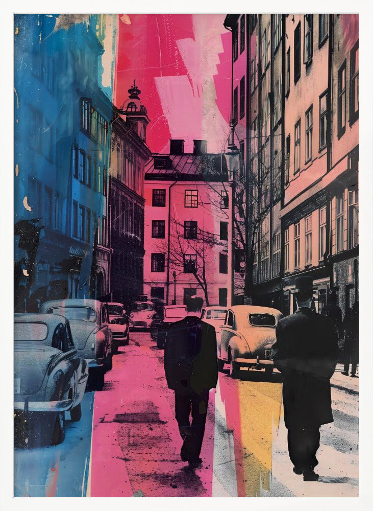 A pop art style image of a vintage city street, featuring two men in dark suits walking away from the camera. The scene is overlaid with bold vertical stripes of vibrant pink and blue, contrasting with the retro cars and architecture. Decor