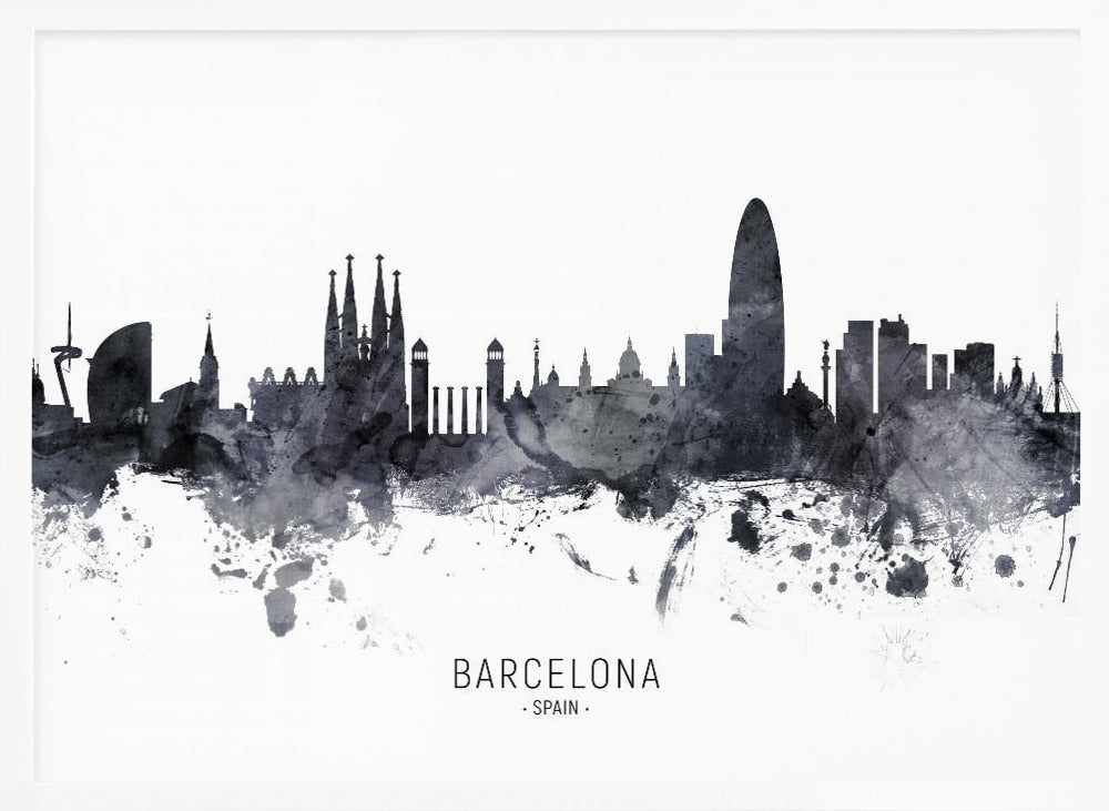A framed black and white watercolor silhouette of the Barcelona, Spain skyline. Famous landmarks like the Sagrada Familia and Torre Glòries are visible. The word 'BARCELONA' is printed below the cityscape against a clean white background. Poster