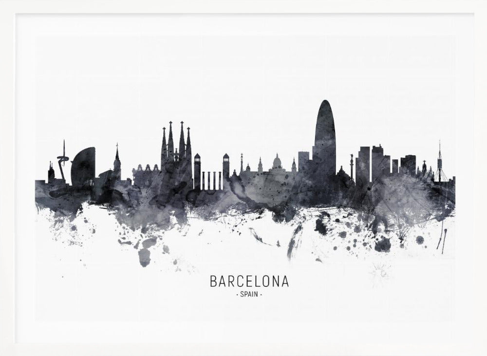 A framed black and white watercolor silhouette of the Barcelona, Spain skyline. Famous landmarks like the Sagrada Familia and Torre Glòries are visible. The word 'BARCELONA' is printed below the cityscape against a clean white background. Poster