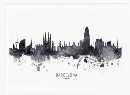 A framed black and white watercolor silhouette of the Barcelona, Spain skyline. Famous landmarks like the Sagrada Familia and Torre Glòries are visible. The word 'BARCELONA' is printed below the cityscape against a clean white background. Poster