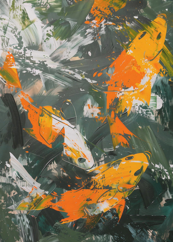 An abstract, vertical painting depicting several koi fish swimming amongst each other. The fish are rendered in bold strokes of orange, yellow, and white, set against a dark, expressive background of green and black brushstrokes. The painting has a textured, impasto style and is presented in a simple black frame. Decor