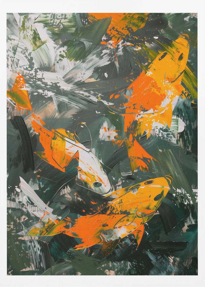 An abstract, vertical painting depicting several koi fish swimming amongst each other. The fish are rendered in bold strokes of orange, yellow, and white, set against a dark, expressive background of green and black brushstrokes. The painting has a textured, impasto style and is presented in a simple black frame. Decor