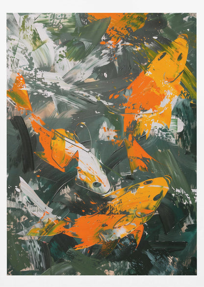 An abstract, vertical painting depicting several koi fish swimming amongst each other. The fish are rendered in bold strokes of orange, yellow, and white, set against a dark, expressive background of green and black brushstrokes. The painting has a textured, impasto style and is presented in a simple black frame. Decor