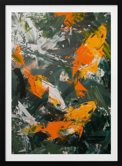 An abstract, vertical painting depicting several koi fish swimming amongst each other. The fish are rendered in bold strokes of orange, yellow, and white, set against a dark, expressive background of green and black brushstrokes. The painting has a textured, impasto style and is presented in a simple black frame. Decor