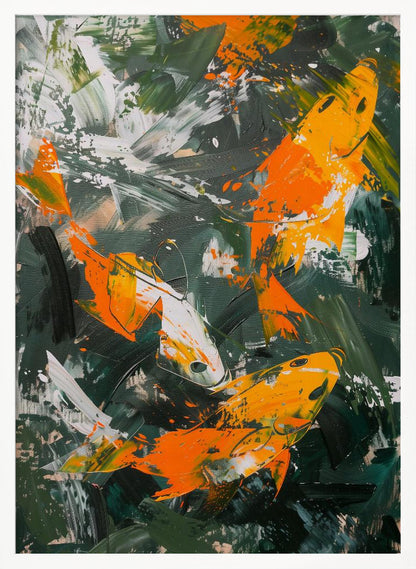 An abstract, vertical painting depicting several koi fish swimming amongst each other. The fish are rendered in bold strokes of orange, yellow, and white, set against a dark, expressive background of green and black brushstrokes. The painting has a textured, impasto style and is presented in a simple black frame. Decor