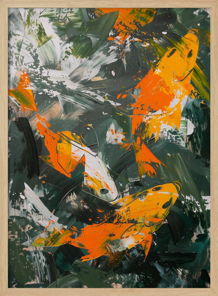 An abstract, vertical painting depicting several koi fish swimming amongst each other. The fish are rendered in bold strokes of orange, yellow, and white, set against a dark, expressive background of green and black brushstrokes. The painting has a textured, impasto style and is presented in a simple black frame. Decor