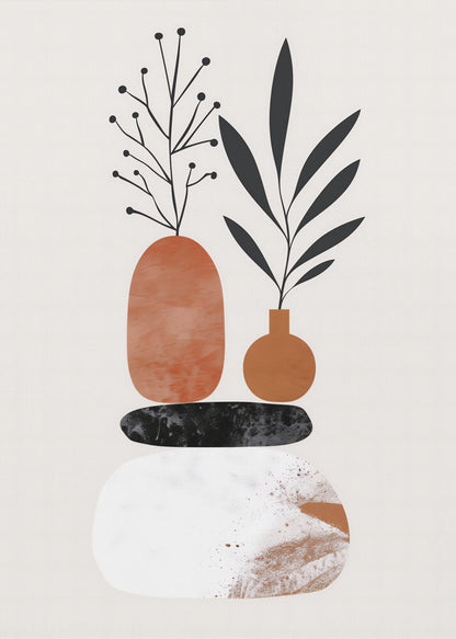 A minimalist abstract illustration featuring a balanced stack of organic shapes. At the bottom is a large white textured stone, followed by a flat black stone, and topped with two terracotta-colored vases. Stylized black plants with leaves and berries sprout from the vases against a light cream background. Wall Art