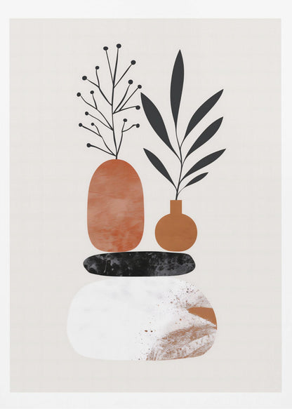 A minimalist abstract illustration featuring a balanced stack of organic shapes. At the bottom is a large white textured stone, followed by a flat black stone, and topped with two terracotta-colored vases. Stylized black plants with leaves and berries sprout from the vases against a light cream background. Wall Art