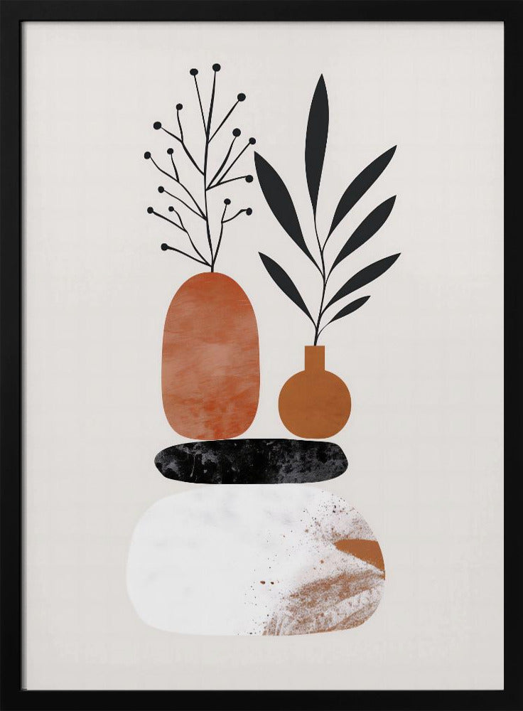 A minimalist abstract illustration featuring a balanced stack of organic shapes. At the bottom is a large white textured stone, followed by a flat black stone, and topped with two terracotta-colored vases. Stylized black plants with leaves and berries sprout from the vases against a light cream background. Wall Art