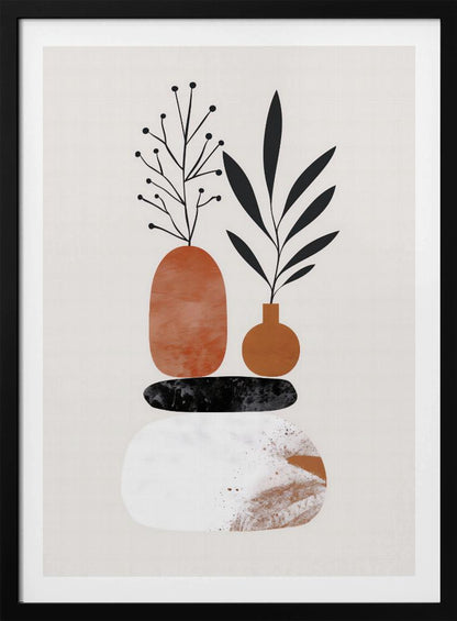 A minimalist abstract illustration featuring a balanced stack of organic shapes. At the bottom is a large white textured stone, followed by a flat black stone, and topped with two terracotta-colored vases. Stylized black plants with leaves and berries sprout from the vases against a light cream background. Wall Art