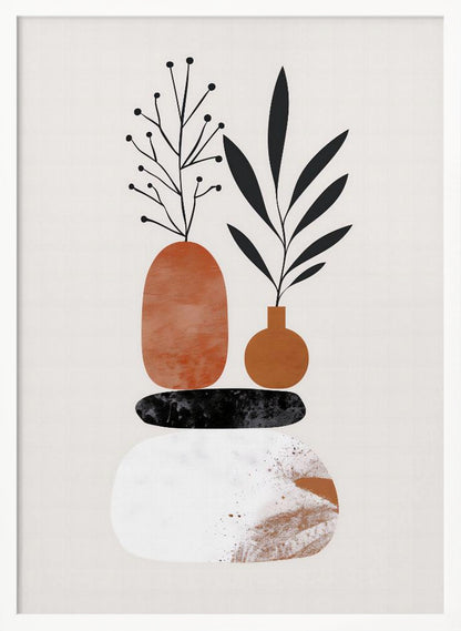 A minimalist abstract illustration featuring a balanced stack of organic shapes. At the bottom is a large white textured stone, followed by a flat black stone, and topped with two terracotta-colored vases. Stylized black plants with leaves and berries sprout from the vases against a light cream background. Wall Art