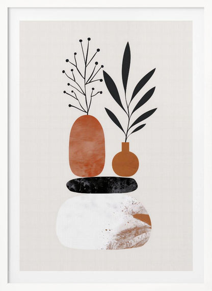 A minimalist abstract illustration featuring a balanced stack of organic shapes. At the bottom is a large white textured stone, followed by a flat black stone, and topped with two terracotta-colored vases. Stylized black plants with leaves and berries sprout from the vases against a light cream background. Wall Art