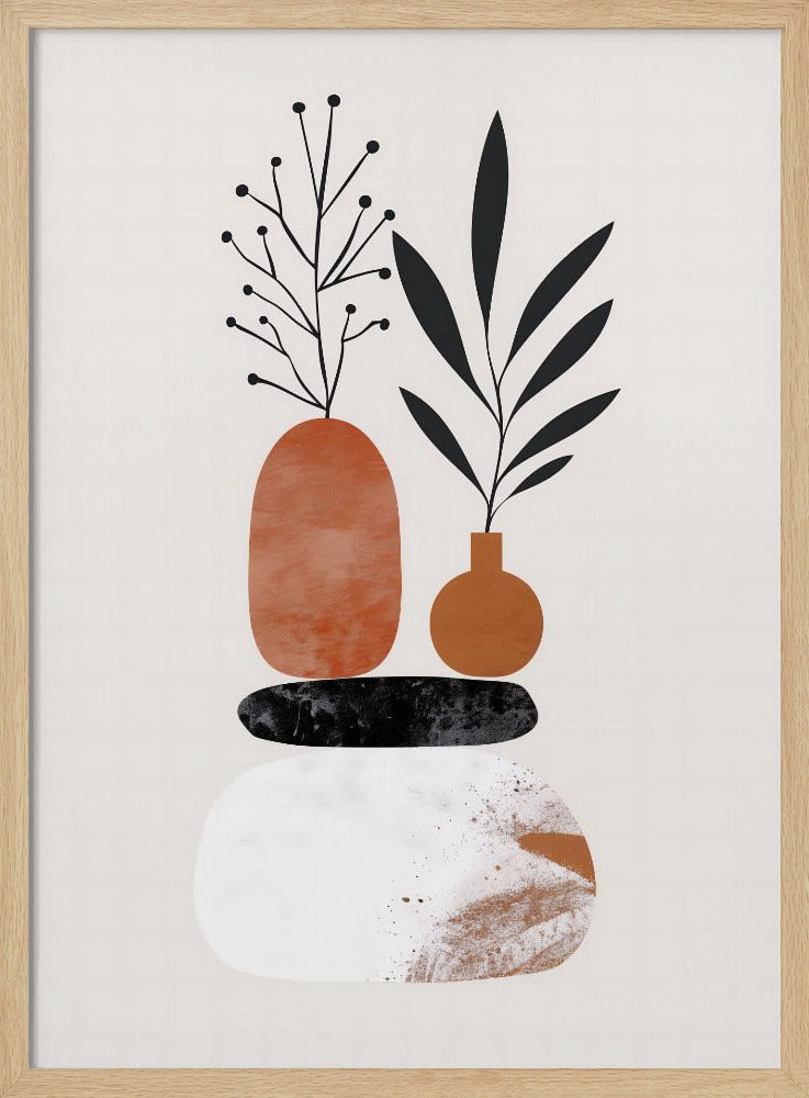 A minimalist abstract illustration featuring a balanced stack of organic shapes. At the bottom is a large white textured stone, followed by a flat black stone, and topped with two terracotta-colored vases. Stylized black plants with leaves and berries sprout from the vases against a light cream background. Wall Art